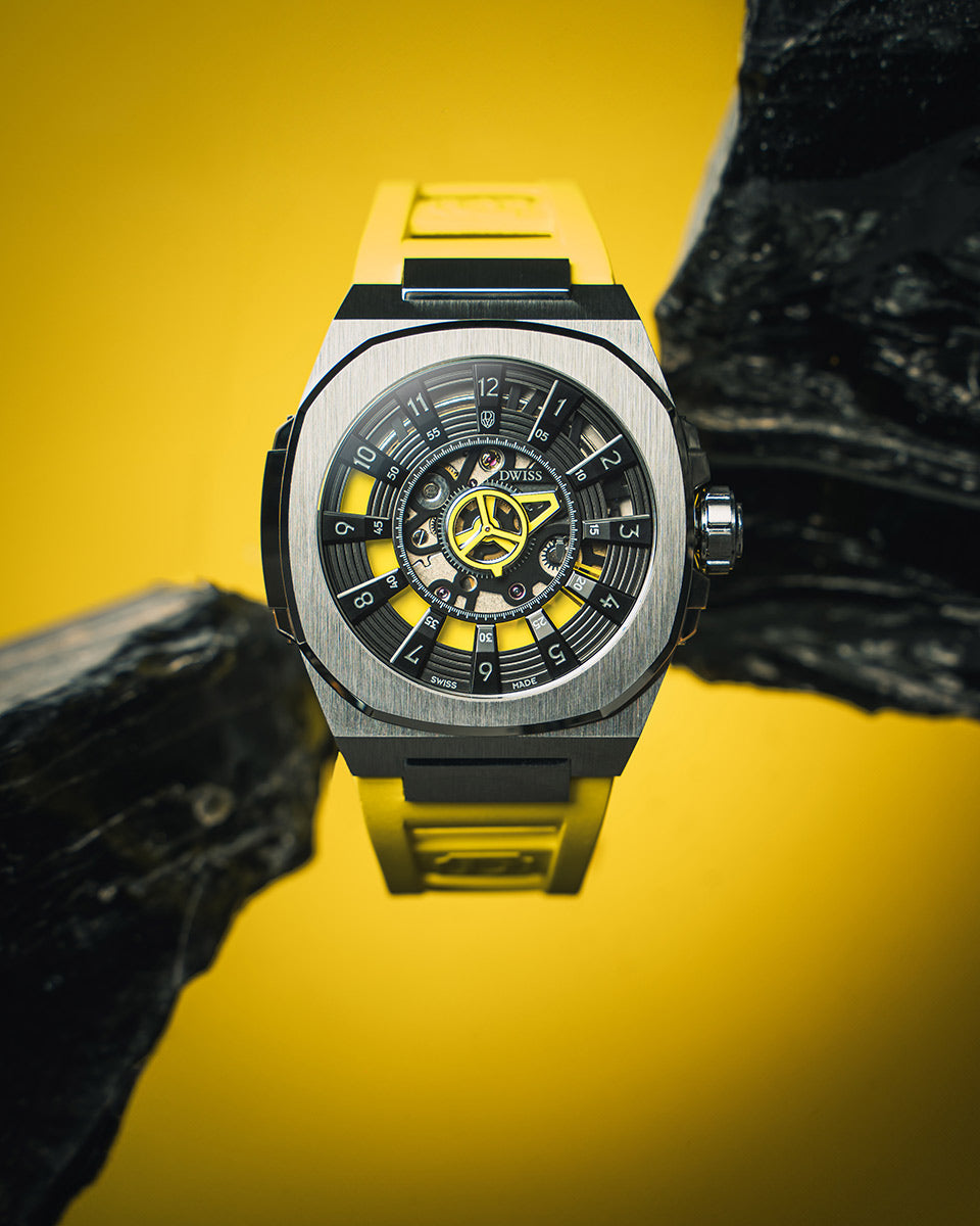 DWISS M3S yellow FKM rubber strap. DWISS signature hours swiss made automatic watch with Sellita SW200-1 movement from the most design awarded swiss microbrand: DWISS