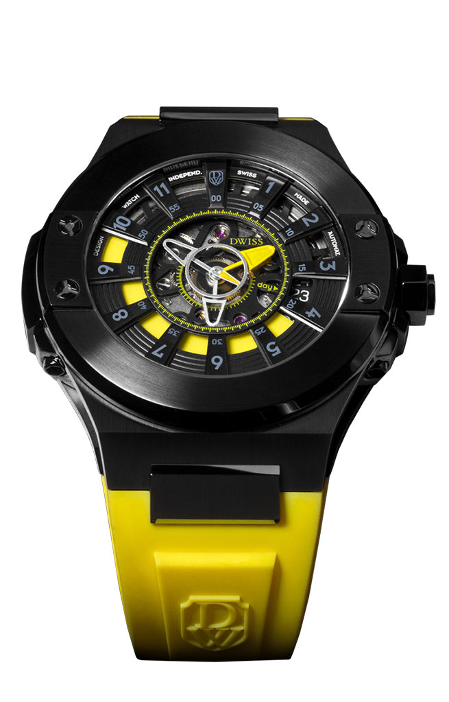 DWISS M2-ABY design awarded swiss made watch with yellow rubber strap and sapphire crystal