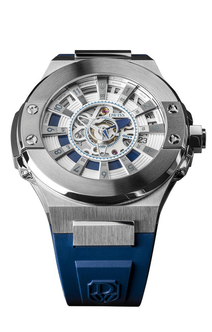 DWISS M2-SSB design awarded swiss made watch with blue rubber strap and sapphire crystal