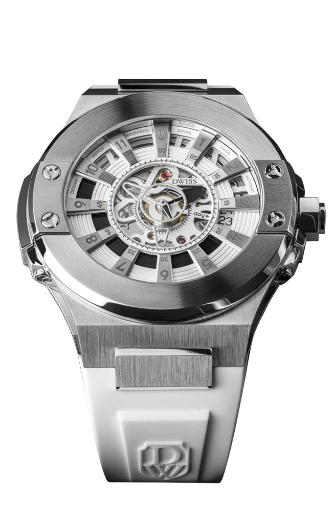DWISS M2-SSW design awarded swiss made watch with white rubber strap and sapphire crystal