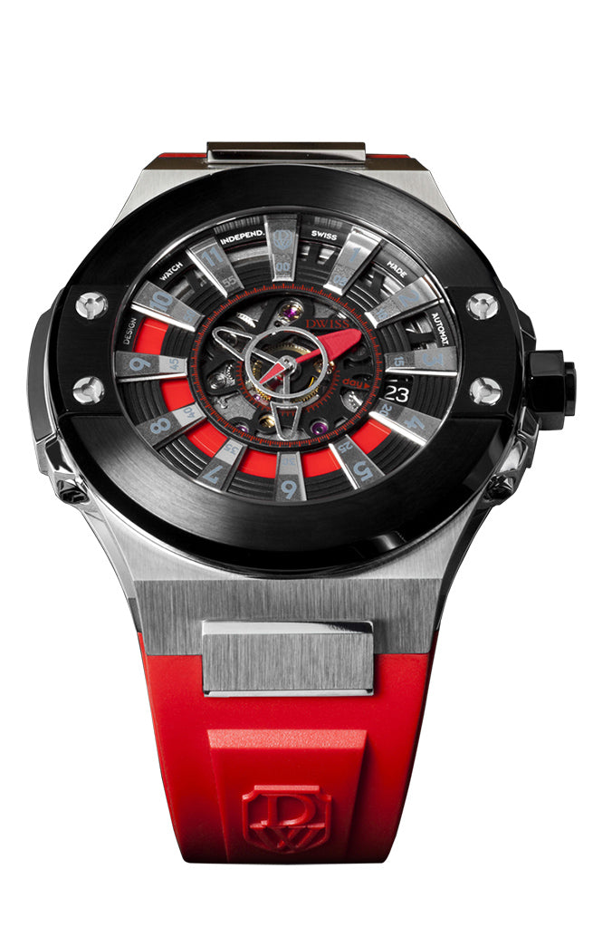 DWISS M2-TTR design awarded swiss made watch with red rubber strap and sapphire crystal