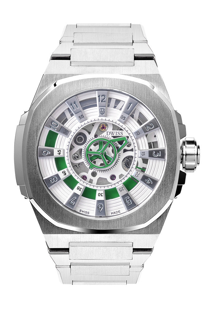 DWISS M3S Automatic Swiss Made watch with mysterious hours White Green with bracelet