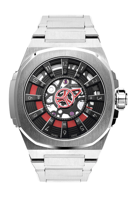M3S red - swiss made watch with DWISS signature mysterious hours easy interchangeable metal bracelet using sellita SW200-1 movement