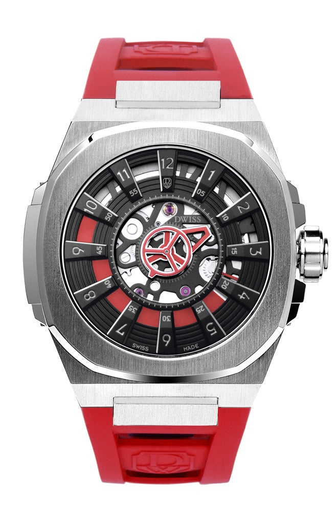 M3S swiss made watch with DWISS signature mysterious hours FKM red easy interchangeable rubber straps using sellita SW200-1 movement