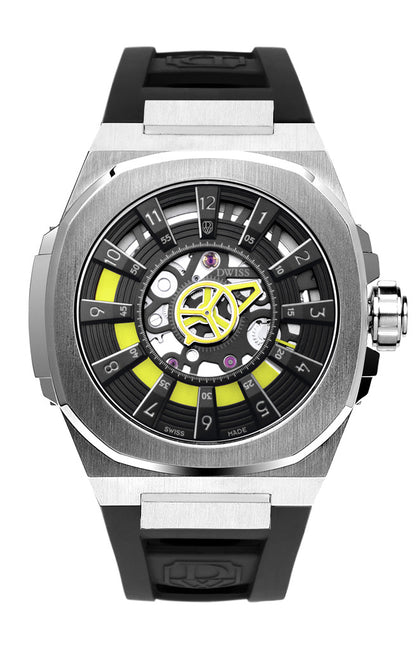 M3S yellow - swiss made watch with DWISS signature mysterious hours easy interchangeable FKM rubber strap using sellita SW200-1 movement