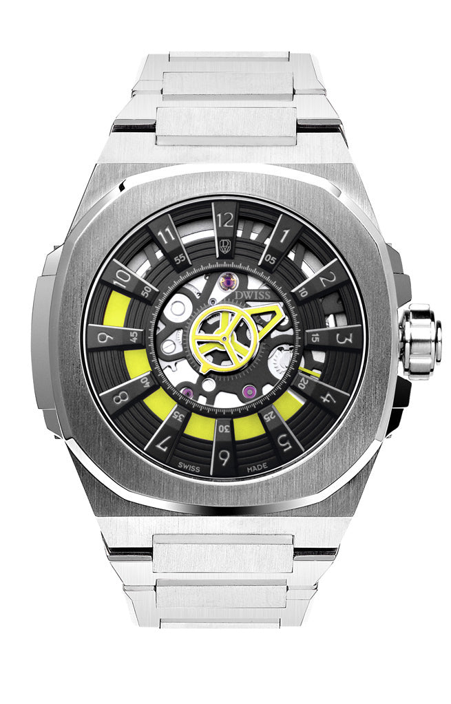 M3S yellow - swiss made watch with DWISS signature mysterious hours easy interchangeable metal bracelet using sellita SW200-1 movement