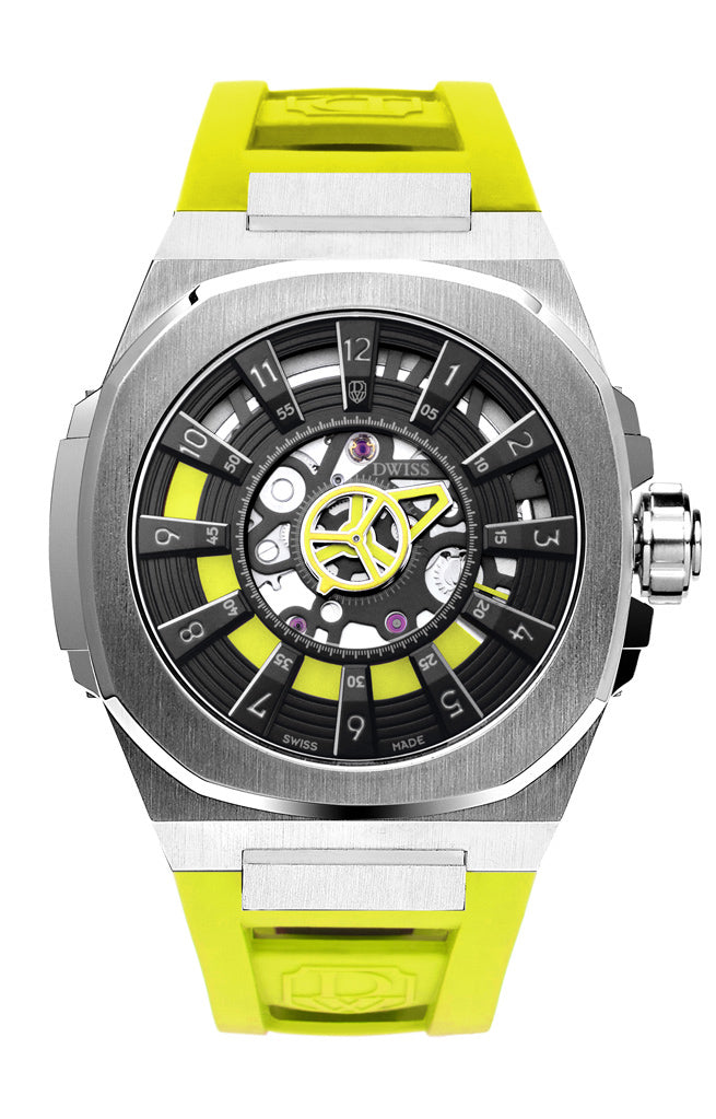 M3S swiss made watch with DWISS signature mysterious hours FKM yellow easy interchangeable rubber straps using sellita SW200-1 movement