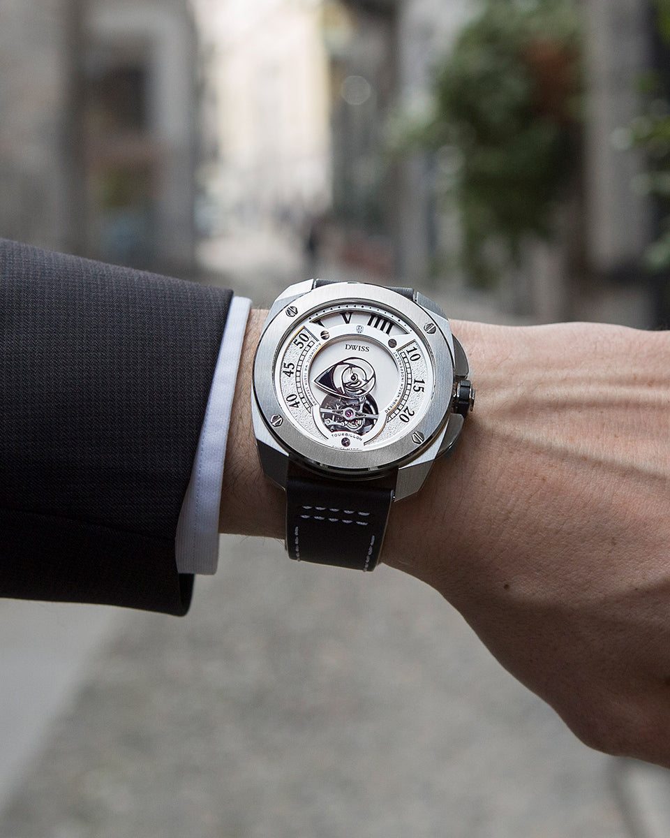 DWISS RC1 Swiss made tourbillon watch with mysterious hours display design awarded timepiece with leather strap