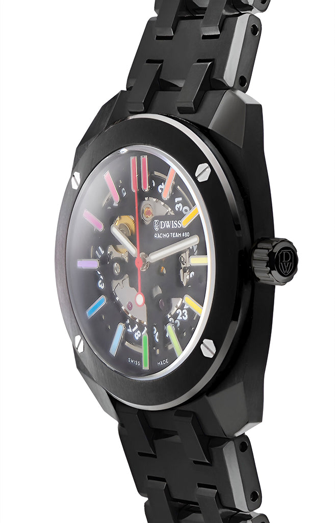 RT#80 Racing team 80, swiss made watch using Peseux F324 automatic movement with metal bracelet, black PVD case, rainbow dial Swiss Super-LumiNova®