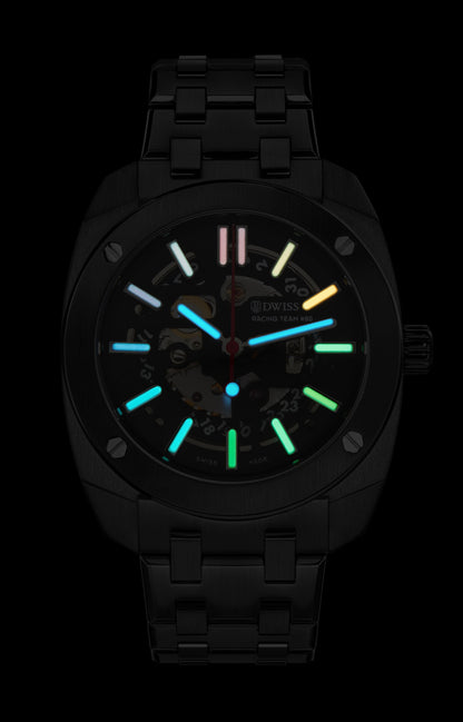 RT#80 Racing team 80, swiss made watch using Peseux F324 automatic movement with metal bracelet, black PVD case, rainbow dial Swiss Super-LumiNova® - night view