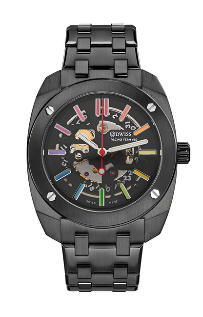 RT#80 Racing team 80, swiss made watch using Peseux F324 automatic movement with metal bracelet, black PVD case, rainbow dial Swiss Super-LumiNova®