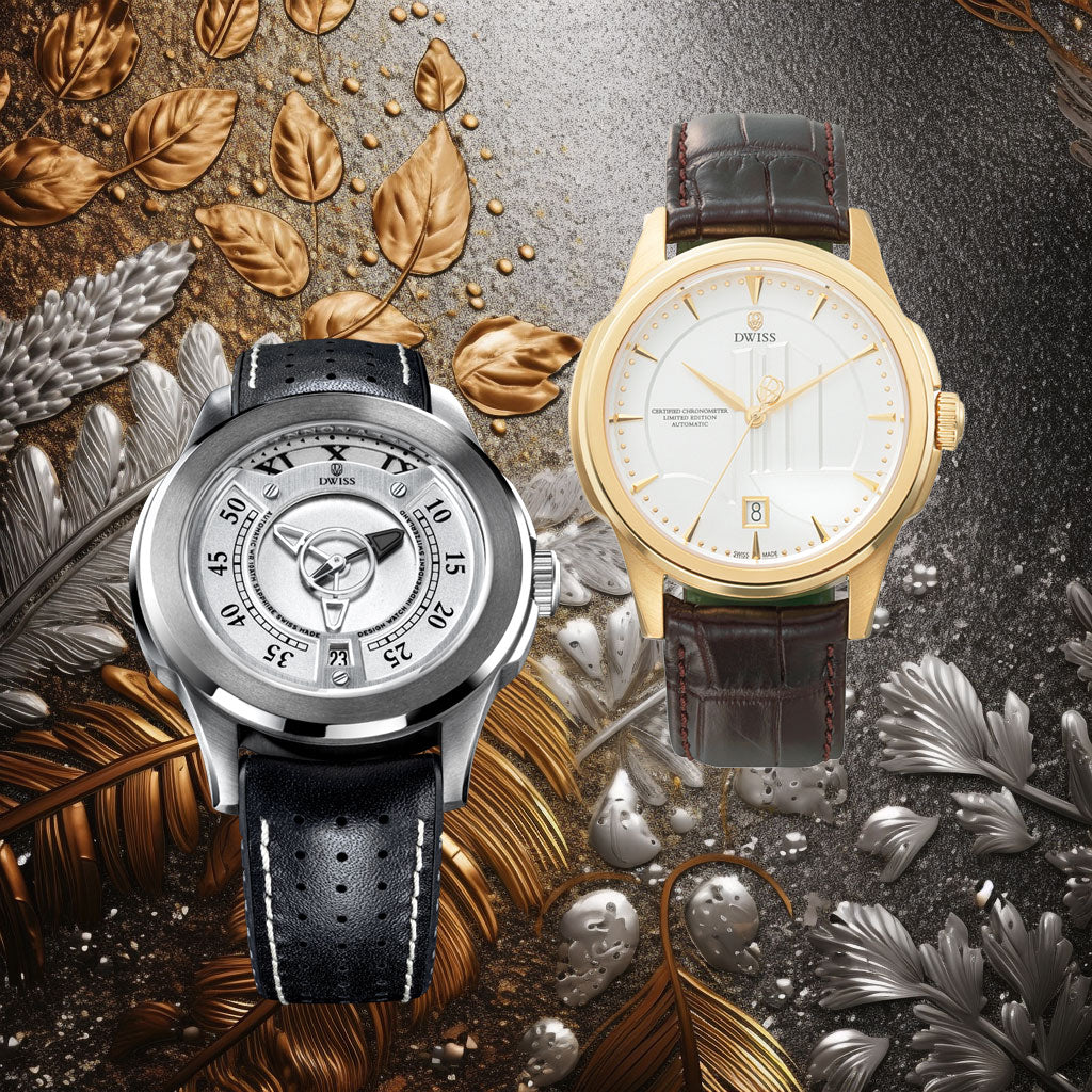 microbrand DWISS and their classique collection, niobium watch with mysterious time display and a 18k gold brasilia model limited to 5 pieces only