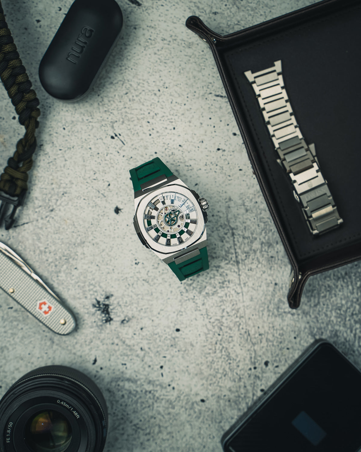 DWISS M3S green - FKM white rubber strap, swiss made design awarded watch with DWISS signature mysterious hours time display and sapphire crystal