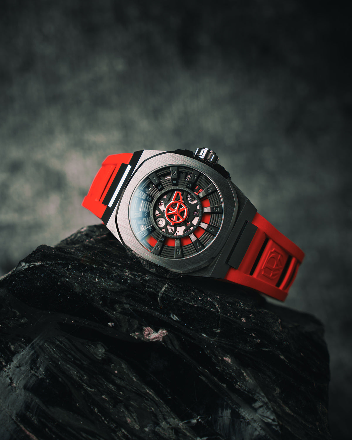 DWISS M3S red - FKM red rubber strap, swiss made design awarded watch with DWISS signature mysterious hours time display and sapphire crystal