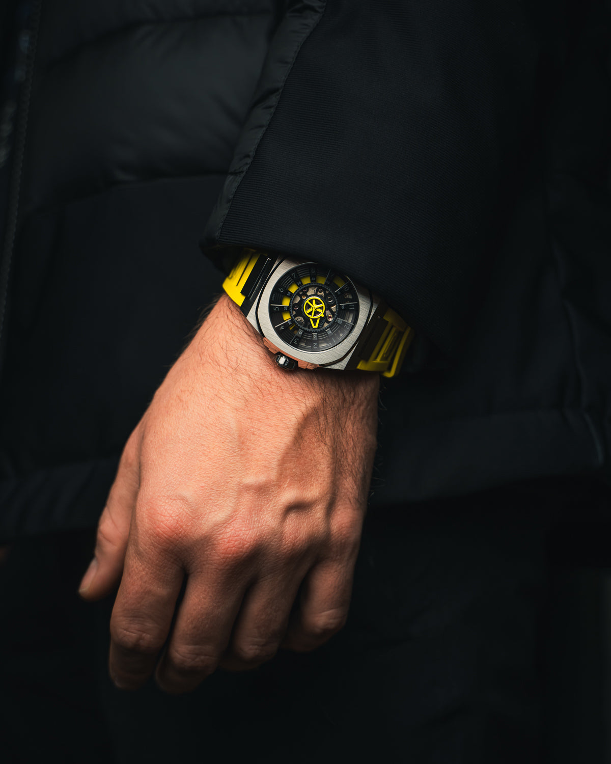 DWISS M3S yellow - FKM yellow rubber strap, swiss made design awarded watch with DWISS signature mysterious hours time display and sapphire crystal