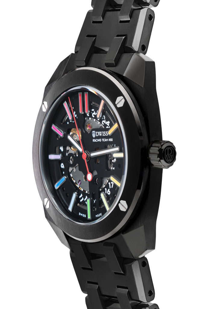 RT#80 Racing team 80, swiss made watch using Peseux F324 automatic movement with metal bracelet, black PVD case, rainbow dial Swiss Super-LumiNova®