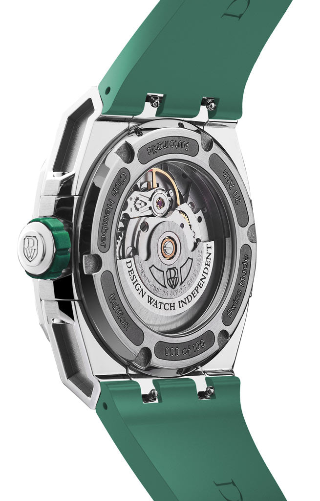 M3-green-rubber with DWISS unique displaced hours. Design awarded Swiss made watch using ETA 2824-2 elabore