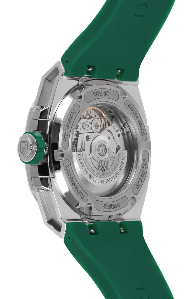 M3W-green-rubber- wandering hours swiss made watch with sellita sw-200 automatic movement from the microbrand DWISS